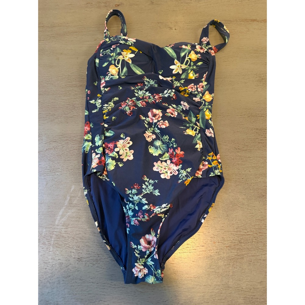 Bondeye One Piece Swimsuit Navy Blue Floral Print Sweetheart Neck US 6